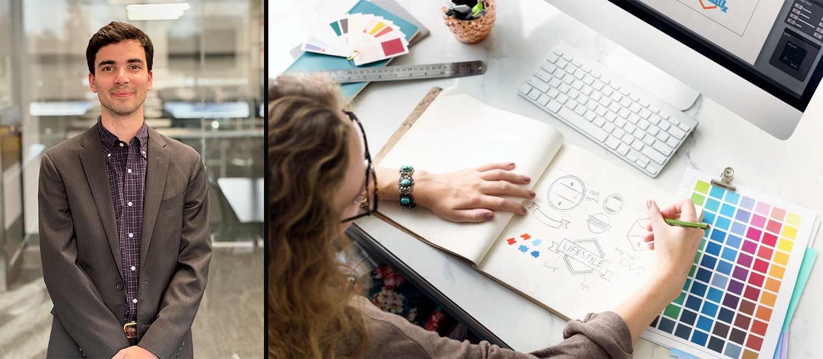 Collage with Robert and a person doing design work at a desk