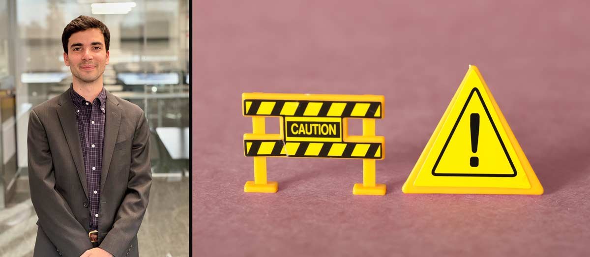 Photo of Robert next to image of small warning signs