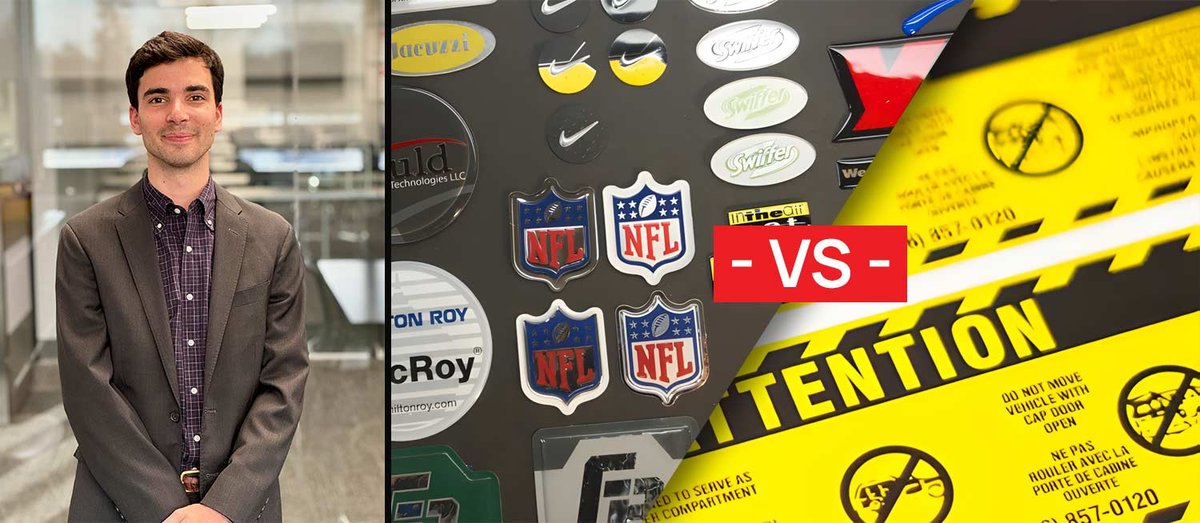 Robert and collage of domed emblems and flat stickers