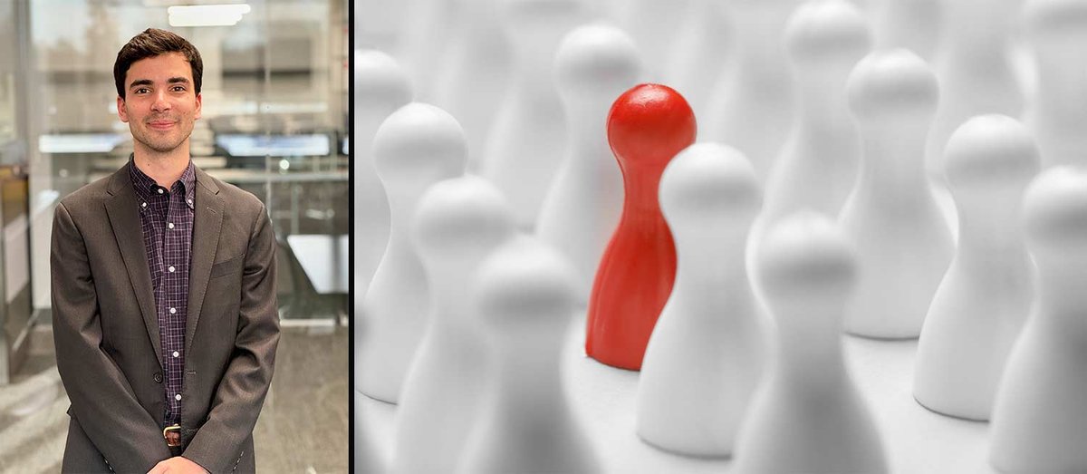 Collage with Robert and red chess piece among a bunch of white pieces