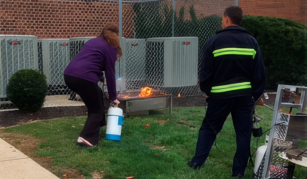 woman putting out a fire with an extinguisher