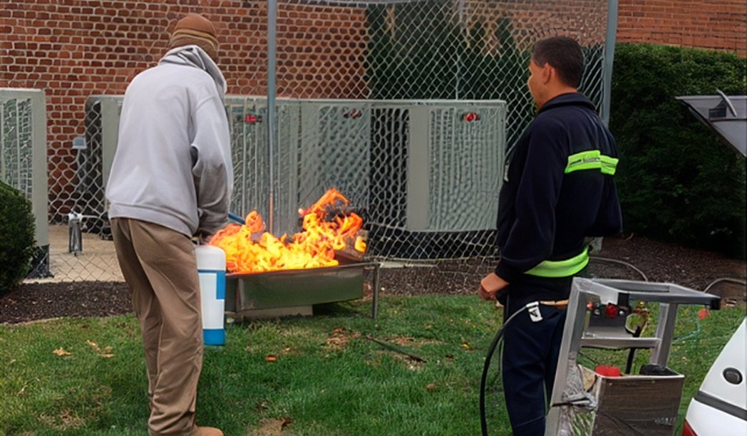 firefighter teaching young man to put out a fire with an extinguisher