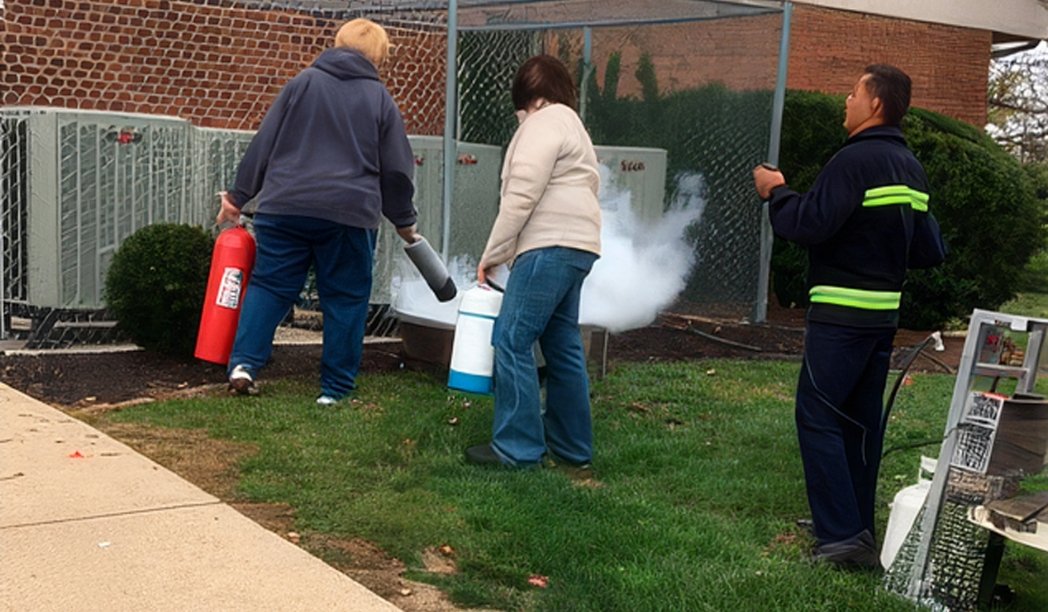 two women putting out a fire during a fire safety class