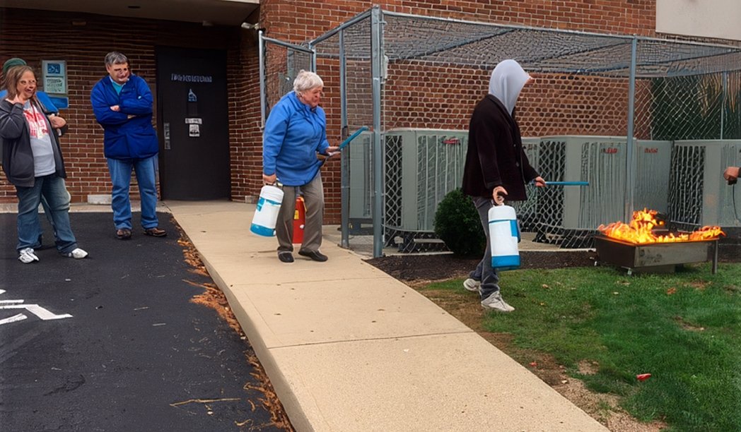 group of Auld employees in line to test a fire extinguisher during a fire safety class