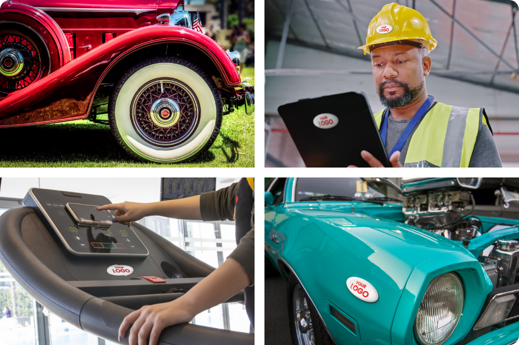 Collage with Red convertible tire, man with clipboard and yellow hard hat, treadmill, and decal on the side of a teal sports car